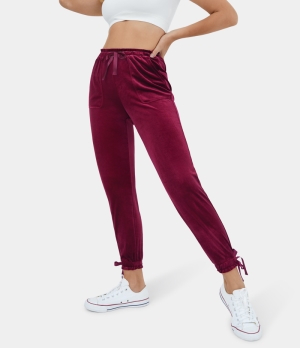 Halara High Waisted Frill Drawstring Side Pocket Velvet Casual Women's Pants Biking Red | 849612-QSH