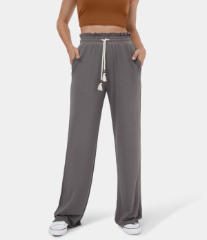 Halara High Waisted Frill Drawstring Side Pocket Wide Leg Casual Women's Pants Smokey Grey | 950287-UFO