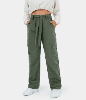 Halara High Waisted Lace Up Multiple Pockets Corduroy Casual Cargo Women's Pants Four Leaf Clover | 906825-ZFA