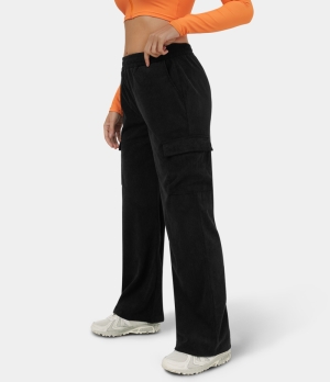 Halara High Waisted Multiple Pockets Wide Leg Corduroy Casual Women's Pants Black | 576834-BDA