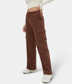 Halara High Waisted Multiple Pockets Wide Leg Corduroy Casual Women's Pants Chocolate Fondant | 748063-HDV