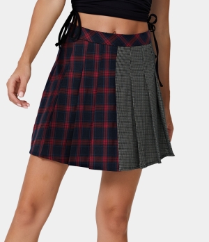Halara High Waisted Patchwork Plaid Mini Pleated Women's Skirts Black | 067351-OXW