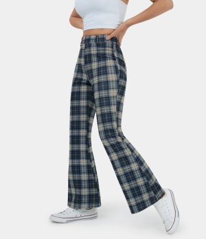 Halara High Waisted Plaid Flare Casual Women's Pants Navy Blue Plaid | 962578-SVO