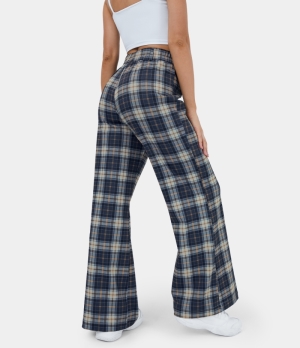 Halara High Waisted Plaid Wide Leg Casual Women's Pants Navy Blue Plaid | 475980-LTJ