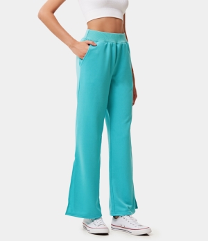 Halara High Waisted Pocket Side Split Hem Plain Wide Leg Women's Pants Robin Egg Blue | 610548-TDV