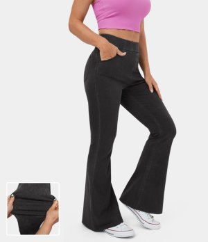 Halara High Waisted Pocket Washed Stretchy Knit Denim Casual Super Flare Women's Pants Washed Denim Black | 239681-YPH
