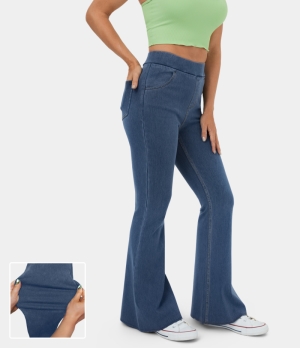 Halara High Waisted Pocket Washed Stretchy Knit Denim Casual Super Flare Women's Pants Washed Denim Dark Blue | 504719-JUB