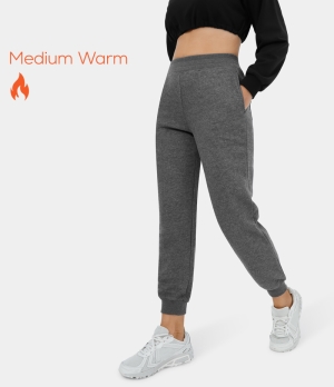 Halara High Waisted Ribbed Side Pocket Plus Back Pocket Fleece Casual Women's Jogger Ebony | 326150-HGI