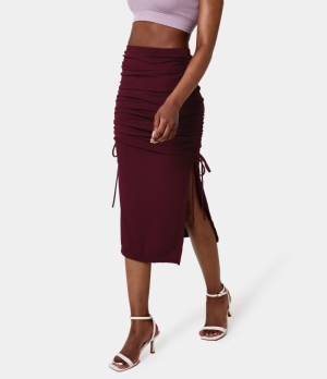 Halara High Waisted Ruched Drawstring Split Hem Ribbed Midi Women's Skirts Red Violet | 267493-CTA