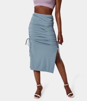 Halara High Waisted Ruched Drawstring Split Hem Ribbed Midi Women's Skirts Light Blue | 376592-HOD