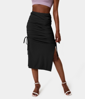 Halara High Waisted Ruched Drawstring Split Hem Ribbed Midi Women's Skirts Black | 461752-AXT