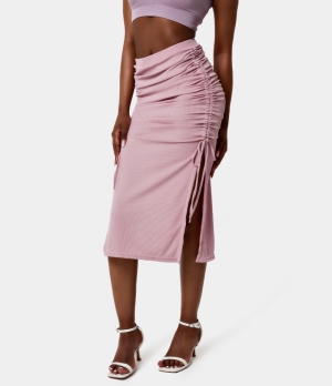 Halara High Waisted Ruched Drawstring Split Hem Ribbed Midi Women's Skirts Ash Pink | 596240-DXL