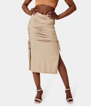 Halara High Waisted Ruched Drawstring Split Hem Ribbed Midi Women's Skirts Beige | 874513-TWX