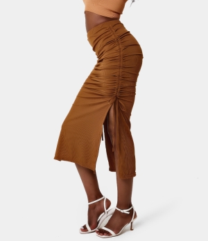 Halara High Waisted Ruched Drawstring Split Hem Ribbed Midi Women's Skirts Leather Brown | 938567-NVB