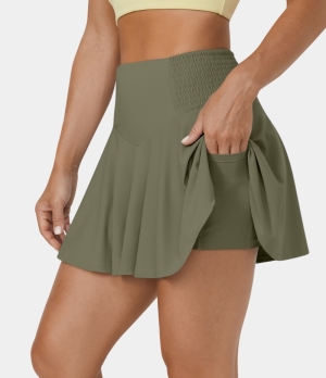 Halara High Waisted Shirred 2-in-1 Side Pocket Flare Casual Women's Skirts Deep Sage | 647012-RTH