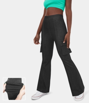 Halara High Waisted Side Flap Pocket Stretchy Knit Denim Casual Cargo Flare Women's Pants Black | 581236-GXR