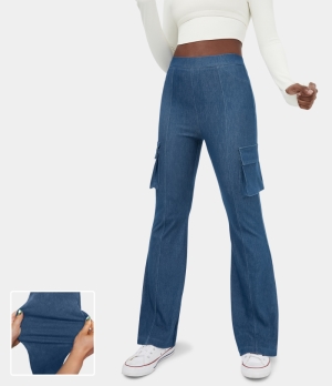 Halara High Waisted Side Flap Pocket Stretchy Knit Denim Casual Cargo Flare Women's Pants Paeonia Ocean Blue | 601297-OHV