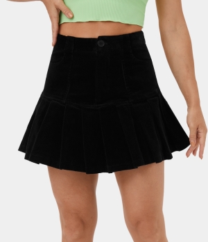 Halara High Waisted Side Pocket 2-in-1 Pleated Corduroy Casual Women's Skirts Black | 936750-SEF