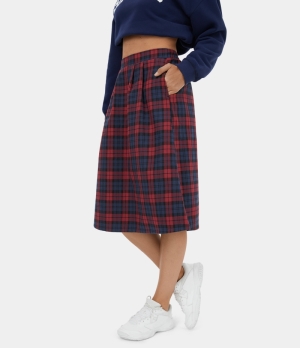 Halara High Waisted Side Pocket A Line Plaid Midi Casual Women's Skirts Red Blue Plaid | 284501-ABD