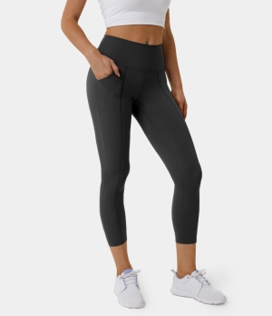 Halara High Waisted Side Pocket Plain Patchwork 7/8 Women's Leggings Black | 214079-IHD