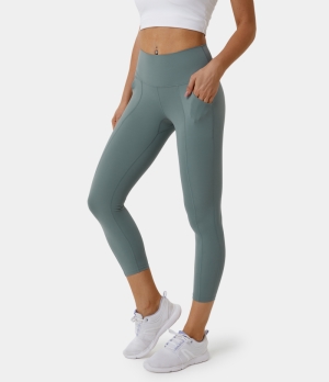 Halara High Waisted Side Pocket Plain Patchwork 7/8 Women's Leggings Pine Green | 438297-EYW