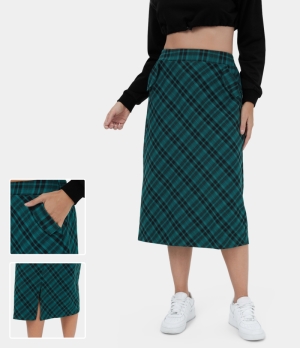 Halara High Waisted Side Pocket Split Plaid Midi Casual Women's Skirts Hunter Green Plaid | 239605-RDU