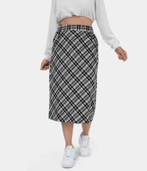 Halara High Waisted Side Pocket Split Plaid Midi Casual Women's Skirts Black Grey Plaid | 928017-YGM