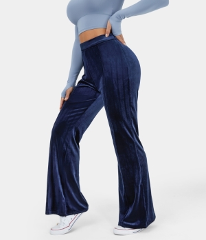 Halara High Waisted Side Zipper Flare Velvet Casual Women's Pants Navy | 095871-FRH