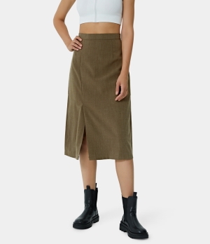 Halara High Waisted Split Hem Back Zipper Midi Women's Skirts Deep Sage | 092176-UVC