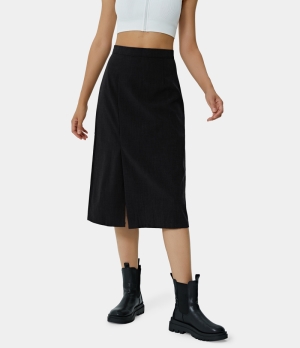 Halara High Waisted Split Hem Back Zipper Midi Women's Skirts Black | 576389-FBS