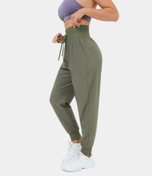 Halara High Waisted Wide Waistband Drawstring Ribbed Casual Women's Jogger Agave Green | 290641-EBF