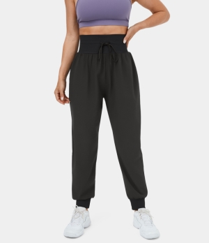 Halara High Waisted Wide Waistband Drawstring Ribbed Casual Women's Jogger Black | 291875-JSP