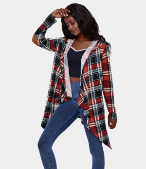 Halara Hooded Asymmetric Hem Tartan Longline Shirt Women's Tops Blood Orange | TFDYVBZ-80