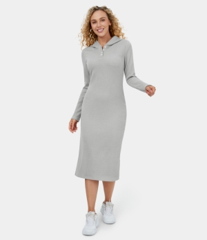 Halara Hooded Button Bodycon Midi Casual Women's Dress Dawn Blue | 473059-HMQ