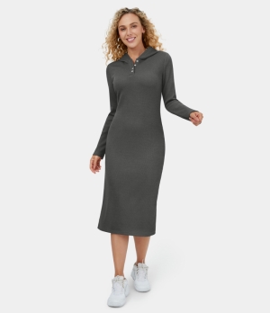 Halara Hooded Button Bodycon Midi Casual Women's Dress Ebony | 813792-NJP
