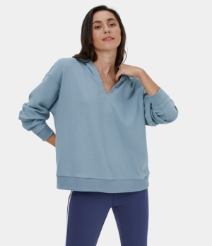 Halara Hooded Button Waffle Casual Hoodie Sweatshirt Women's Tops Soft Chambray | IOETDAN-87