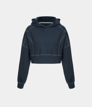 Halara Hooded Contrast Trim Waffle Cropped Casual Hoodie Sweatshirt Women's Tops Dark Slate | DMUCVBH-72