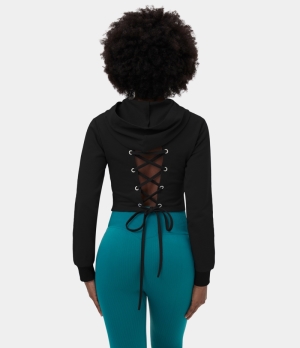 Halara Hooded Crisscross Lace Up Cropped Casual Hoodie Sports Sweatshirt Women's Tops Black | RQKGYAX-16