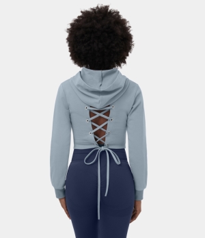 Halara Hooded Crisscross Lace Up Cropped Casual Hoodie Sports Sweatshirt Women's Tops Blue Fog | UDBYFHS-71