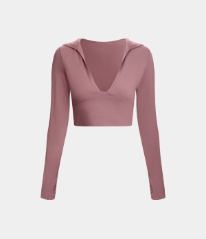 Halara Hooded Deep V Neck Thumb Hole Cropped Yoga Sports Sweatshirt Women's Tops Dusty Rose | GQADXKI-46