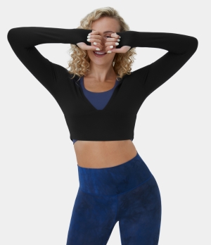 Halara Hooded Deep V Neck Thumb Hole Cropped Yoga Sports Sweatshirt Women's Tops Black | SOKPNHF-28