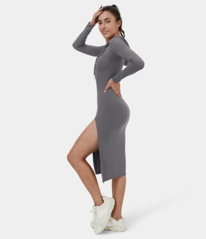 Halara Hooded Drawstring Button Pocket Split Bodycon Midi Casual Women's Dress Pewter | 293768-WMO