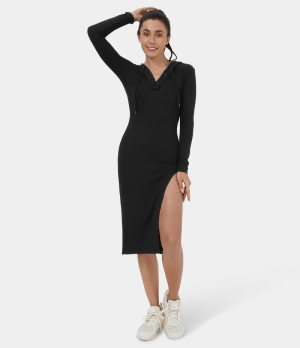 Halara Hooded Drawstring Button Pocket Split Bodycon Midi Casual Women's Dress Black | 513809-YOH