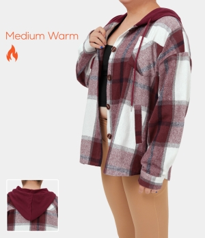Halara Hooded Drawstring Button Side Pocket Plaid Fleece Plus Size Casual Jacket Women's Tops Red Grey Plaid | ADVGUFI-34