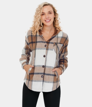 Halara Hooded Drawstring Button Side Pocket Plaid Fleece Casual Jacket Women's Tops Khaki Plaid | DMWBCQA-83