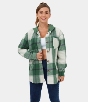 Halara Hooded Drawstring Button Side Pocket Plaid Fleece Casual Jacket Women's Tops Green White Plaid | JESAQGM-07