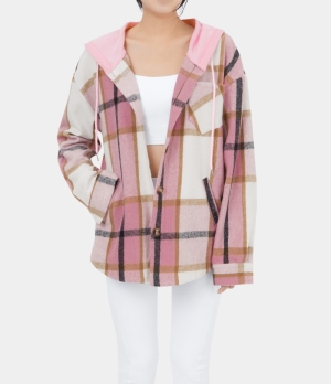 Halara Hooded Drawstring Button Side Pocket Plaid Fleece Casual Jacket Women's Tops Pink Plaid | OPICKWJ-48