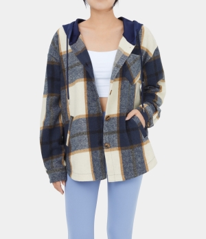 Halara Hooded Drawstring Button Side Pocket Plaid Fleece Casual Jacket Women's Tops Blue Grey Plaid | SDITURX-04