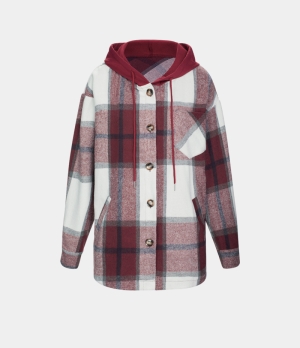 Halara Hooded Drawstring Button Side Pocket Plaid Fleece Casual Jacket Women's Tops Red Grey Plaid | TNFPXIE-05