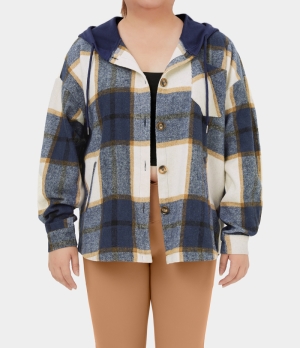 Halara Hooded Drawstring Button Side Pocket Plaid Fleece Plus Size Casual Jacket Women's Tops Blue Grey Plaid | YKCJHXI-74